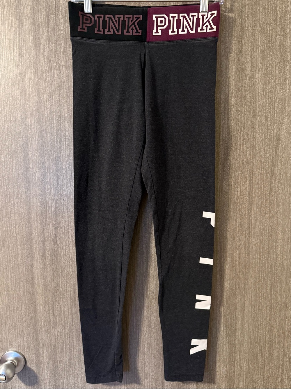 PINK Victoria's Secret Black Leggings with Maroon and Black Logo Waistband